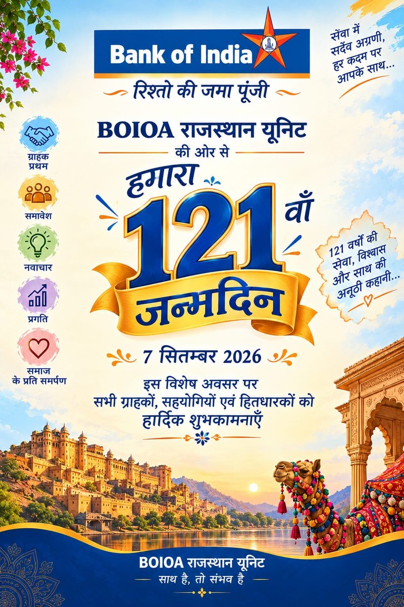 ola_rameshwar's tweet photo. @AshishTekale_ @BankofIndia_IN @fboioa_india @nilesh_pawar15 @DFS_India @nsitharaman @FinMinIndia @PMOIndia @aiboc_in @BOIOAMNG @BOIOAVidarbha @BOIOA_Rajasthan @boioaeib @BOIOA2010 💙🧡 121 सालों का विश्वास, रिश्तों की जमा पूंजी! 🧡💙
121 वर्षों से देश की सेवा और विकास में निरंतर योगदान देने वाले Bank of India को स्थापना दिवस की हार्दिक शुभकामनाएँ। 🇮🇳✨
BOIOA Rajasthan Unit की ओर से ढेरों शुभकामनाएँ! 🌸
#BOI4NationSince1906 #BankOfIndia #121Years https://t.co/eREzfi47HI