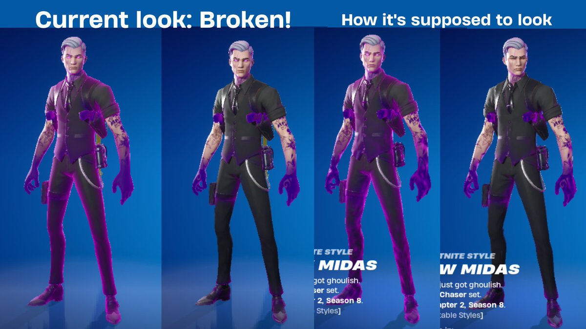 Aetheratrix's tweet photo. Hey, @FortniteStatus, The Shadow Midas Outfit has been visually broken for many updates! could you please take a look at this. I hope this gets fixed before Fortnitemares. https://t.co/q0IB5nD4AM