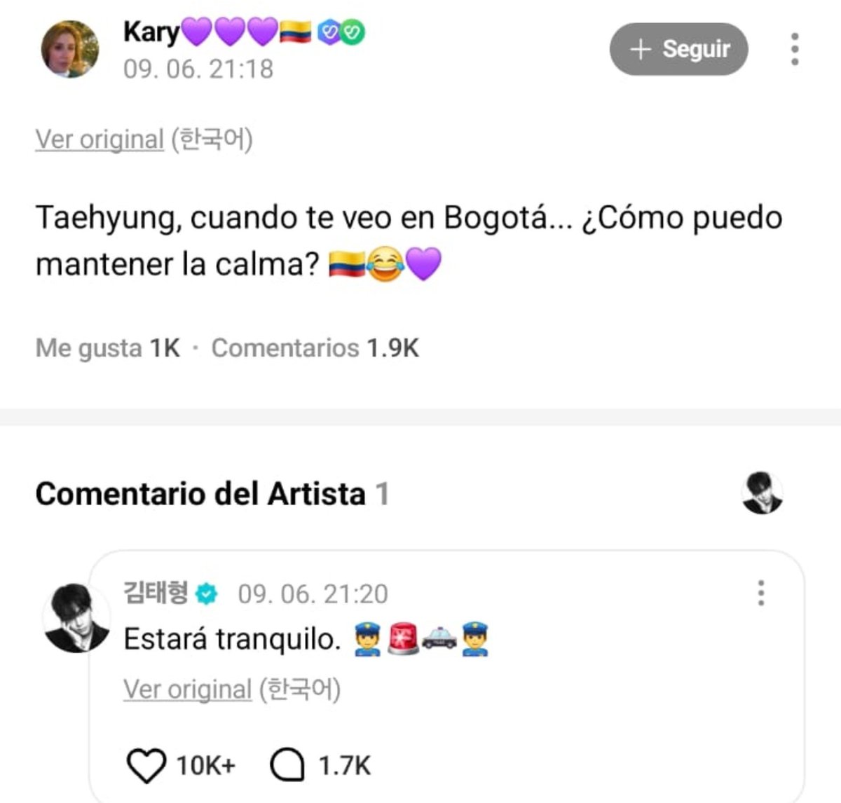 ARMYBogotaCol's tweet photo. Ay... no estamos listos.... se nos puso la piel chinita leyendo esa respuesta de Tae 😭😭😭😭😭😭😭 https://t.co/Yf3IrCFvyb