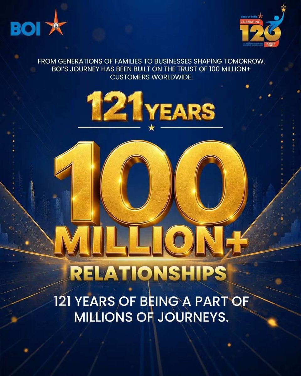 ManishkBarnwal9's tweet photo. @sanjaybpi @BankofIndia_IN 🎉 Proudly celebrating 121 Glorious Years of Bank of India! 🏦🇮🇳

From 1906 to 2026, BOI has remained committed to Trust, Service and Nation Building.
Salute to every employee, officer, retiree and customer who has been part of this remarkable journey.

 #BOI4NationSince1906 https://t.co/i48Xy3Wi0Q