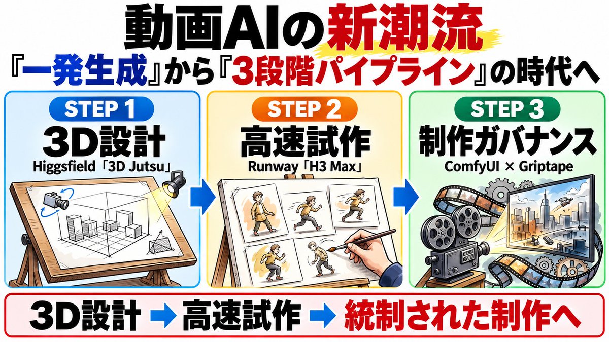 cloudatlas0710's tweet photo. 仿¥ã®Podcast
ã9æ7æ¥ãåç»AIã¯ãäžçºçæãããã3段éã®æ åãã€ãã©ã€ã³ããžïŒ3D JutsuãšH3 Maxã«ããCGã»VFXå·¥çšãžã®åççµ±å
https://t.co/Jgn4FdsUJ3
#h3max #runway #griptape #podcast https://t.co/63C3kL1gGd
