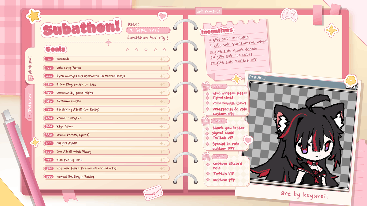 akekumii's tweet photo. 【DONATHON】  
📌we finished the donathon so with the extension we switched to a subathon c:

🗓️ throughout whole SUBtember

this will help me afford my rigging on my new model>w<

and ofc I will be streaming everyday.  
We will have lots of fun together and lots of rewards!🐺❤️‍🩹 https://t.co/Pw0H3XxrPb