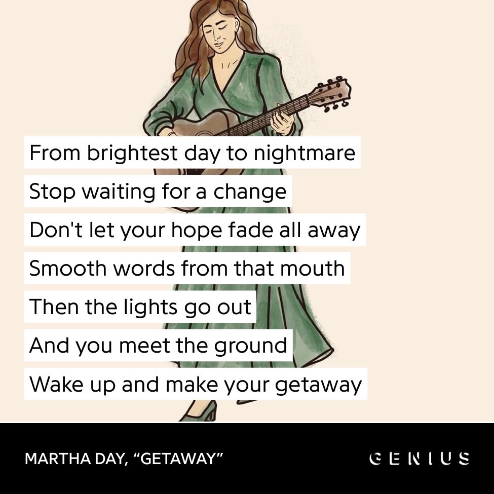 MarthaDayMusic's tweet photo. Lyrics of Getaway on @Genius! 
Enjoy the new song on @Spotify 
https://t.co/nCAiriTQ5v

For whoever claims to need new music https://t.co/fQKJPhnKYl