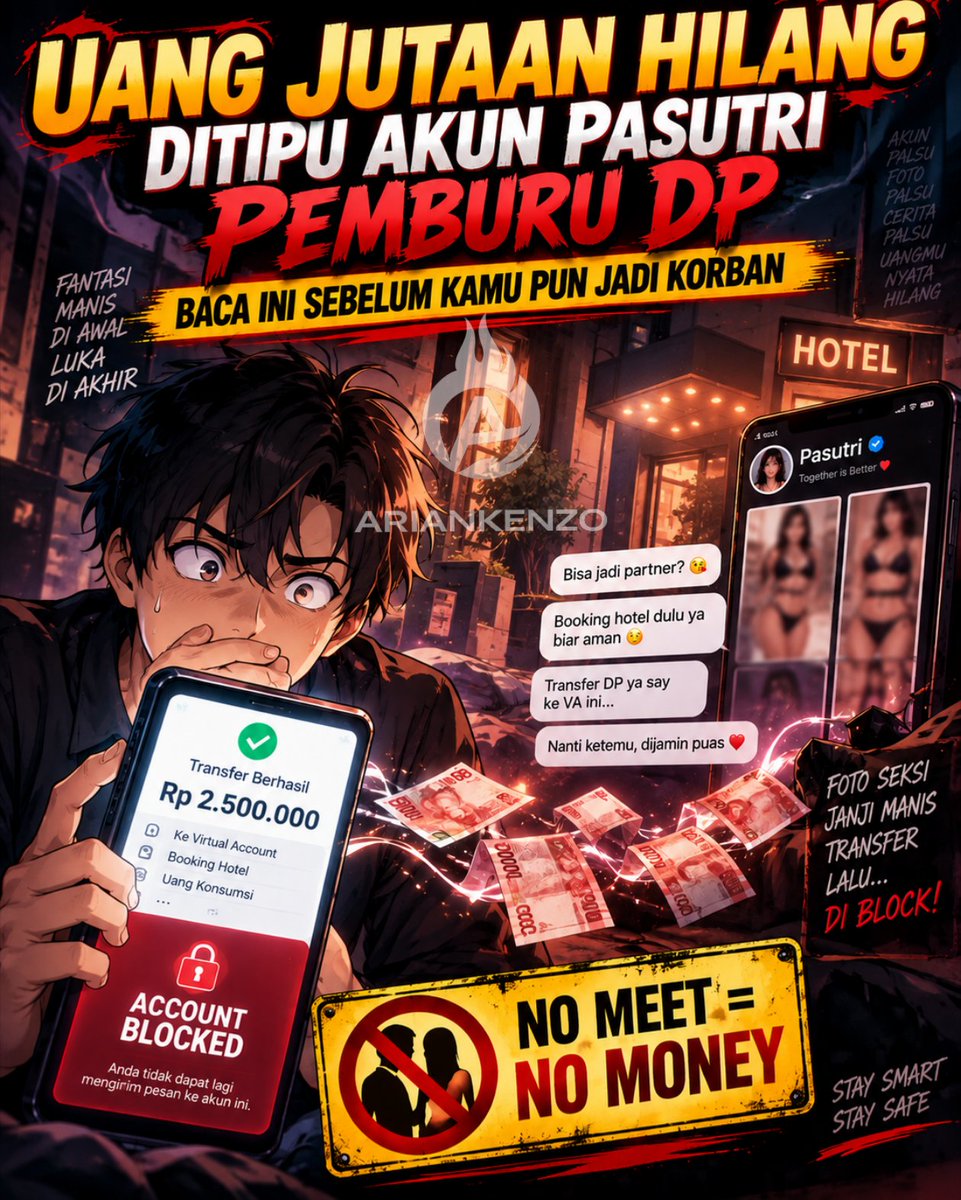 ArianKenzo's tweet photo. 🔥 Uang Jutaan Hilang Ditipu Akun Pasutri Pemburu DP 🔥

👉 Baca Ini Sebelum Kamu Pun Jadi Korban

Lagi dan lagi telah terjadi penipuan atas nama fantasi pasutri. Baru-baru ini ada akun yang curhat kalau dia kena tipu akun yang ngakunya pasutri. Kerugian yang diderita hampir 2,5 juta, padahal sebelumnya kami sudah pernah peringatkan tentang hal ini

Bermodal posting foto wanita seksi semi telanjang untuk menutup logika para pria kesepian, begitulah cara akun pasutri fantasi palsu beroperasi

Dijanjikan bisa jadi partner, diminta bayar ke Virtual Account (VA), diminta uang booking hotel, diminta transfer uang konsumsi, dikasih foto "bugil lagi mandi" buat ulur waktu, setelah uang ditransfer lalu di-block total

Uang jutaan hilang melayang hanya demi harapan bisa bercinta dengan akun pasutri penipu. Akhirnya rugi uang, dapet enak pun nggak

Biar nggak ada lagi yang jadi korban berikutnya, simpan dan pegang 4 Hukum Penting ini:

1. NO MEET = NO MONEY (Hukum Absolut)
Belum tatap muka di tempat netral = HARAM ada transaksi 1 rupiah pun. Mau alasannya booking VA hotel, DP konsumsi, atau "pembuktian keseriusan", 100% itu modus penipuan

2. Pasutri Real Nggak Butuh Duit DP Kalian
Pasutri yang asli dan berkelas fokus mencari chemistry, etika, dan kenyamanan bersama—bukan uang DP kamar. Kalau dari awal percakapan arahnya sudah menuntut transferan, kalian bukan sedang diajak eksplorasi fantasi, tapi sedang ditarget modus penipuan

3. Foto Seksi Semi Bugil = Umpan Catfish (orang yang menggunakan foto palsu untuk menipu)
Makanya jangan mudah percaya sama akun pasutri yang sering posting foto semi bugil. Itu taktik yang penipu pakai untuk menutup logika kalian. Ketika logika kalian kalah sama nafsu, di situlah kalian mudah dibohongin

4. Intimidasi "Mokondo" Adalah Perangkap
Saat kalian ragu untuk transfer lalu mereka mulai menekan dengan sebutan "nggak modal" atau "mokondo", itu bukan penilaian etis—itu teknik manipulasi psikologi murah untuk menyenggol gengsi kalian agar kalian bertindak gegabah

Intinya:
Di ruang anonim seperti X, kehati-hatian bukan tanda kalian penakut atau tidak mampu, melainkan bukti kalian punya akal sehat dan self-respect

Stay smart & stay safe 🥂⚡

⚠️ Silakan bagikan dan simpan peringatan ini supaya kalian nggak gampang dibodohin sama penipu