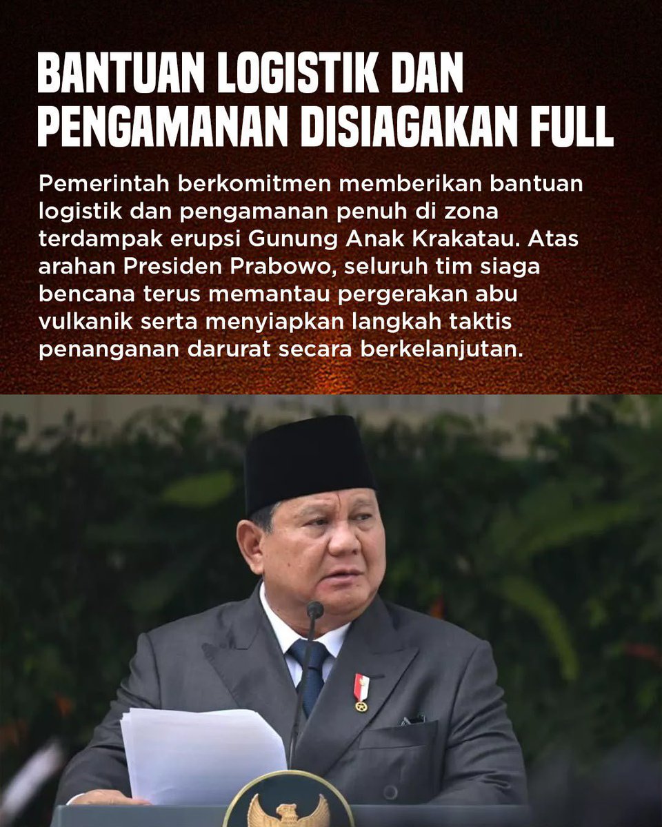 junedhasann's tweet photo. pemerintah berkomitmen memberikan bantuan logistik dan pengamanan penuh di zona berdampak erupsi gunung anak krakatau, #PemerintahTanggapBencana
Imbauan Darurat Presiden https://t.co/W9fiueVEIt
