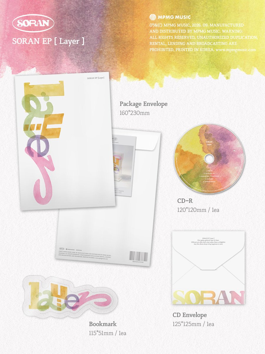 band_SORAN's tweet photo. ��𝗣 [𝗟𝗮𝘆𝗲𝗿] 𝗔𝗹𝗯𝘂𝗺 𝗗𝗲𝘁𝗮𝗶𝗹 & 𝗣𝗿𝗲-𝗼𝗿𝗱𝗲𝗿 𝗡𝗼𝘁𝗶𝗰𝗲

소란의 새로운 EP [Layer]의 프리오더가 오늘 정오부터 시작됩니다.

Pre-order: 2026년 9월 7일(월) 12시 00분 ~ 2026년 9월 17일(목) 23시 59분 (KST)

[앨범 사양]
- Package: 160*230mm
- CD: 120*120mm
- Bookmark: 115*51mm
- Photobook: 128*182mm / 40p
- Poster: 220*310mm
- Photo Card: 55*85mm / Random 1ea out of 3ea

[프리오더 특전 이벤트]
- 특전 이벤트 진행 판매처: MPMG MUSIC STORE / YES24 / 알라딘
- 프리오더 구매자 한정 포토카드를 증정합니다.
- 자세한 내용은 각 판매처의 공지를 확인해 주시기 바랍니다.

-
소란(𝗦𝗢𝗥𝗔𝗡) 𝗘𝗣 [𝗟𝗮𝘆𝗲𝗿] 
26.09.18 6PM (KST)

#소란 #SORAN #고영배
#Layer