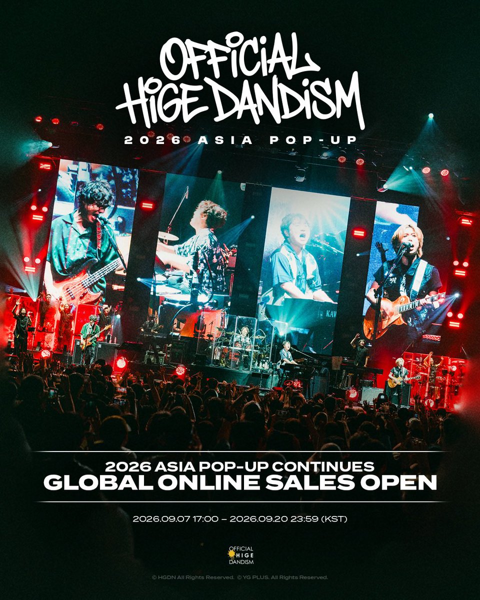 officialhige's tweet photo. ━━━━━━━━━━━━━━━━
　  OFFICIAL HIGE DANDISM
　　　 2026 ASIA POP-UP
━━━━━━━━━━━━━━━━

本日17:00よりPOP-UPグッズのオンライン予約販売の実施が決定しました✈️

Worldwide Shipping🌏

🗓️予約販売期間
9/7(月)17:00〜9/20(日)23:59(KST)

🛒販売ページはこちら
https://t.co/NYJYkgNSoy
※販売ページURLは本日17:00以降に閲覧可能となります。