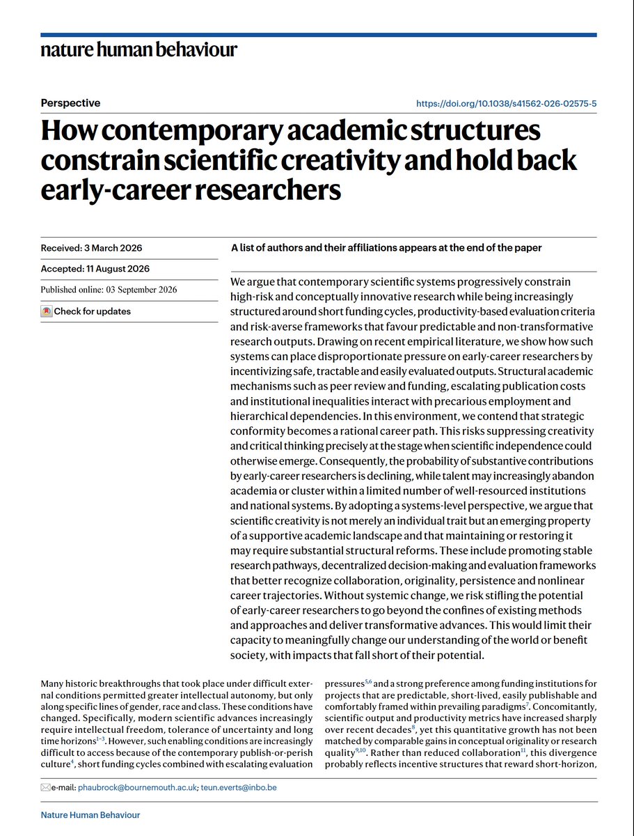 ItaiYanai's tweet photo. 🔥Does academia stifle creativity? This new perspective argues that academia is currently structured to select against creativity, intellectual risk-taking and bold ideas. Young scientists – who may be best positioned for new ideas – are particularly incentivized to play it safe. https://t.co/7r4fZvmz5P