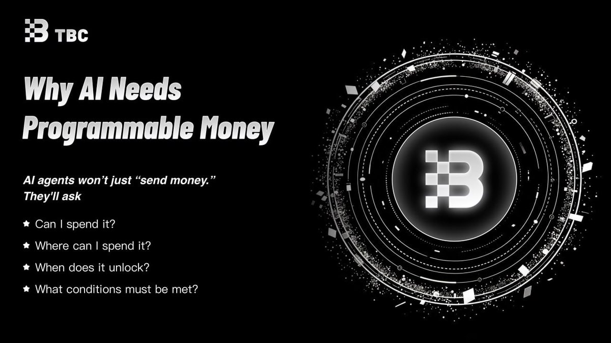 TBCnetwork_'s tweet photo. Why AI Needs Programmable Money 
AI agents won’t just “send money.” 🤖💸
They’ll ask:
 🔒Can I spend it?
🎯 Where can I spend it?
⏳ When does it unlock?
 ⚙️What conditions must be met?
In an AI-native economy, value itself needs to carry instructions.
That’s what TBC is built for:
Rules travel with the coin.
Not just digital money.
Programmable money. 🧠🪙
 #TBC #AIAgents #ProgrammableMoney #AIEconomy #Web3