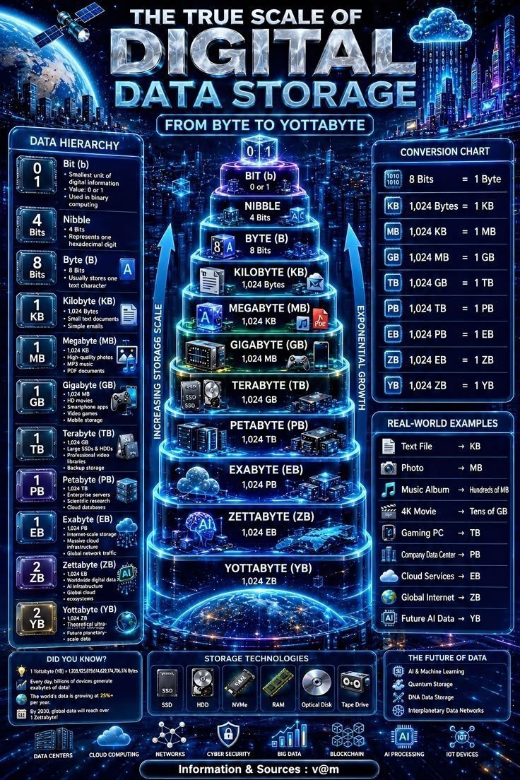 Aitecht1h7's tweet photo. 🤯 Most people underestimate how HUGE digital data really is.

From a single bit all the way to a yottabyte — this visual puts the true scale of digital storage into perspective. 💾🌍

Save this. You’ll want it the next time someone says “that’s a lot of data.” 👀👇 https://t.co/y3DEzhmlYd