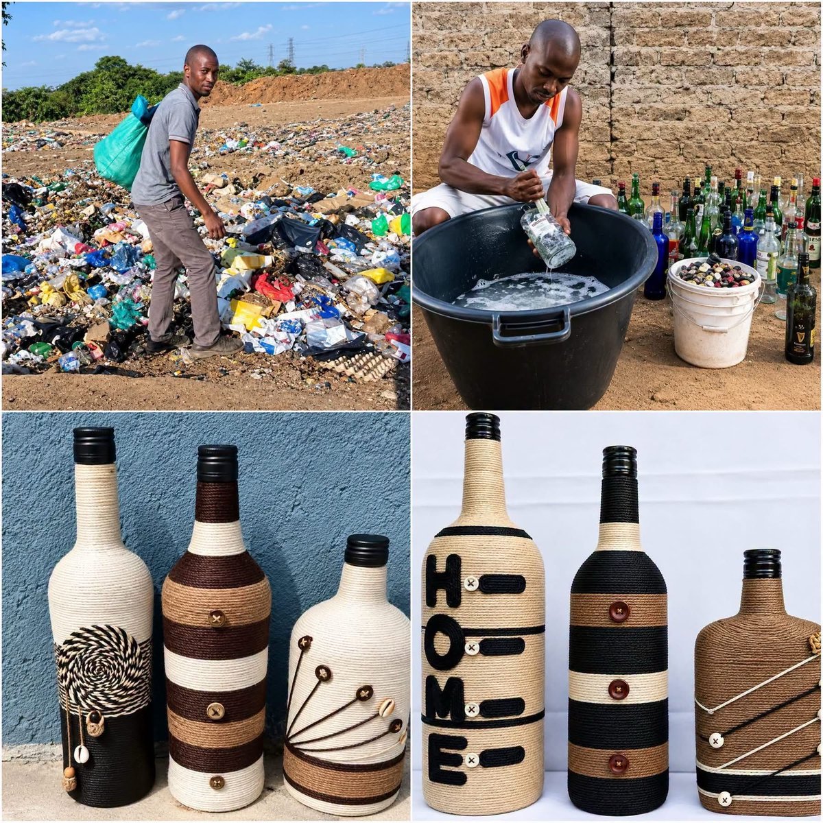 Koena_za's tweet photo. NO WAY 😳🔥

Bro literally goes through trash cans, picks out discarded bottles, and turns them into beautiful pieces of art 

What looks like garbage to everyone else becomes something creative in his hands. Pure talent. Pure vision. 👏🏾 https://t.co/Qlk6nzaePs