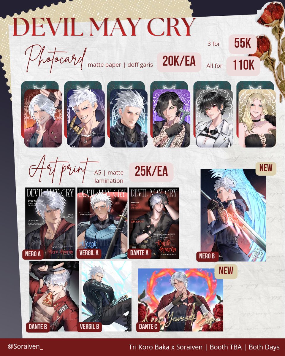 soraiven_'s tweet photo. My PO for #CF23 is open!! 
🤍&amp;🔄 are very much appreciated :D

🗓 Pre order period: 7 - 16 Sept 2026
📍Table Tri Koro Baka x Soraiven | Both Days
📦 Pick up only 
[Mail order will be open after CF23]
🇮🇩 local only
💮 DMC, Trigun, RE:9, LADS
🔗 https://t.co/4hojMlebl8 https://t.co/6WwKNlcIuj