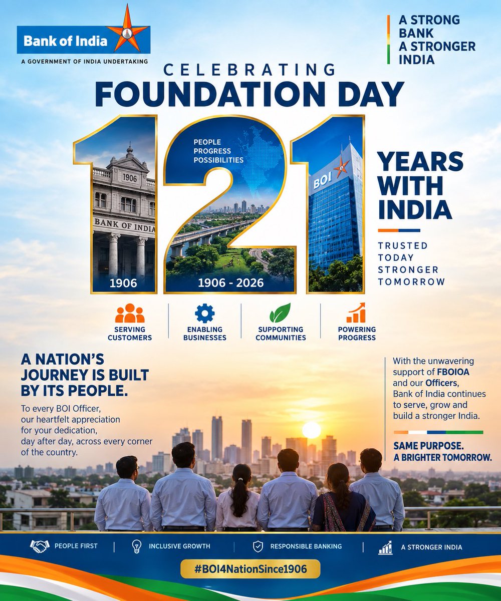 KamaljitBOIOAOU's tweet photo. From 1906 to 2026—times changed, challenges evolved, but the commitment of BOI Officers never wavered. The silent strength behind a proud legacy. 121 years of Bank of India. 🇮🇳
#BOI4NationSince1906 @fboioa_india @BankofIndia_IN https://t.co/5czS3mVcFn