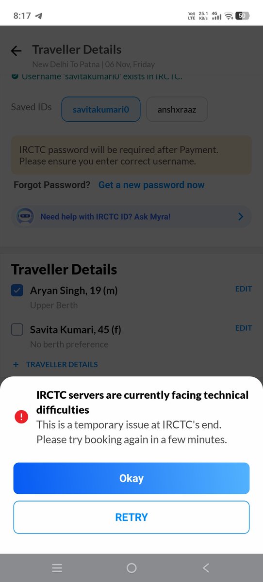 AryanSi68971681's tweet photo. How is this possible, @IRCTCofficial? Your app/site showed “server busy/technical difficulties,” yet within minutes, tickets across Delhi–Patna trains were sold/waitlisted. If genuine passengers couldn’t access IRCTC, how were tickets booked so quickly? Were agents/touts given ? https://t.co/WpwG476QzE
