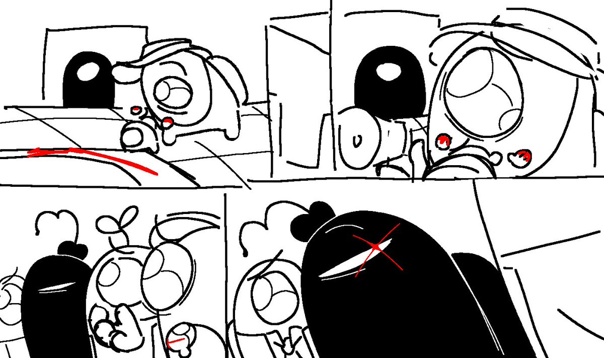 corbinsilly's tweet photo. #deepinpolus - Original concept for V1
.
In V1, Cherry was originally supposed to be a cold, murderous imposter security guard (alike their sibling in the past). I wanted to reference this concept by having Cherry kill Banana in V2 during one of their mental breakdowns.+ https://t.co/Bvoz8vo1xg