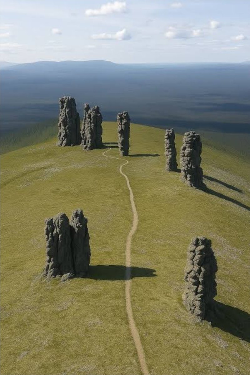 RjNol's tweet photo. The "Seven Giants", Russia. 
The Manpupuner rock formations, a breathtaking set of seven towering stone pillars located west of the Ural Mountains in the remote Komi Republic. Also known as the Seven Strong Men or the Poles of the Komi Republic, these monoliths stand between 98 to 138 feet tall and are officially recognized as one of the Seven Wonders of Russia.