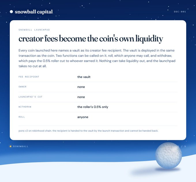 SNOWBALLRH_X's tweet photo. every coin launched through the pad names a vault as its fee recipient. the vault has no owner and no way to take liquidity out. https://t.co/Xdlv2OP1pZ