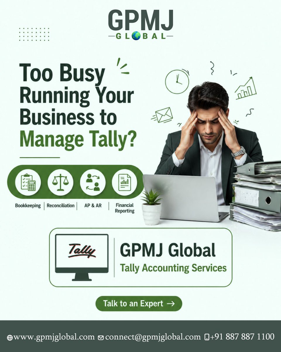 gpmjglobal's tweet photo. If Tally management is taking up your valuable hours, it's time to outsource.
๐ +91 887 887 1100
๐ https://t.co/zB7qWdiX72
#GPMJGlobal #TallyAccounting #TallyServices #BookkeepingServices #AccountingServices #FinancialReporting #BusinessOwner #TallyPrime #TallyERP https://t.co/8b6iD5IUdx