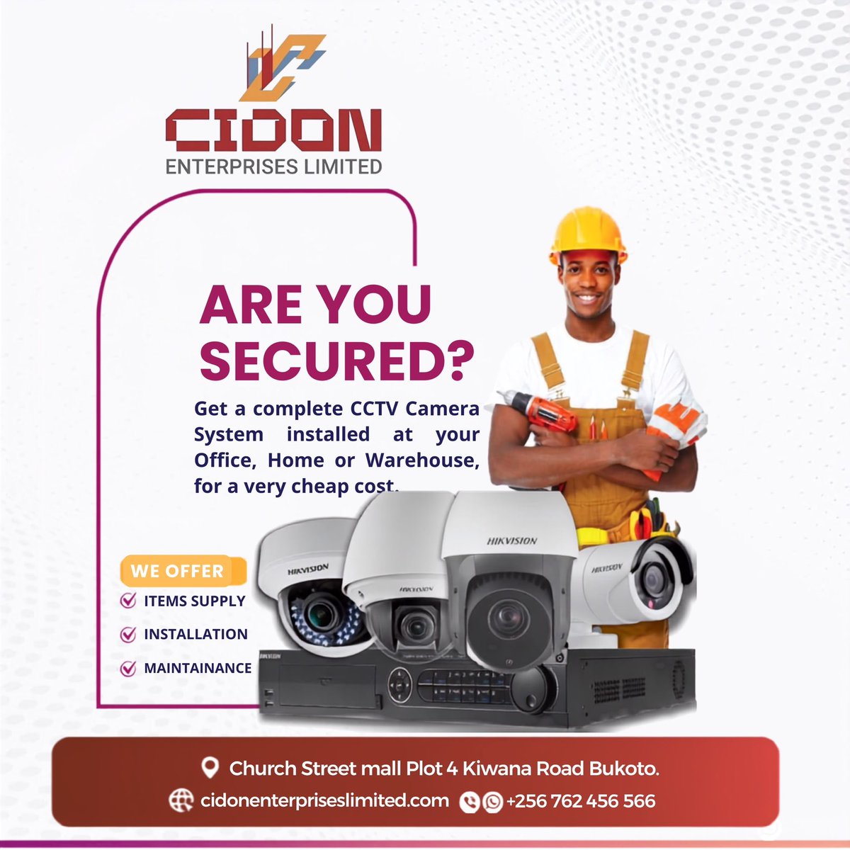 CIDONEntLtd's tweet photo. Are you secured? 🔐📹

Protect your home, office or warehouse with a complete CCTV camera system.

Cidon Enterprises Limited provides equipment supply, professional installation and maintenance to help keep what matters most protected.

📞 +256 762 456 566

#CidonEnterprisesLimited #CCTVUganda #SecurityUganda #CCTVInstallation