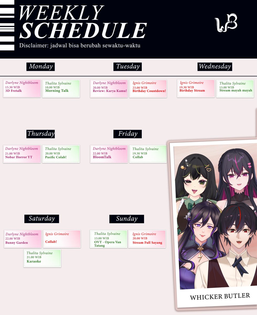 WhickerButler's tweet photo. Yuhuuuu! 🥳✨

Jadwal stream talent minggu ini, guys!
Jangan sampai kelewatan yaa 👀

See you on stream! 💕

#WhickerButler #WeeklySchedule #VTuber https://t.co/SFxCxApkMg