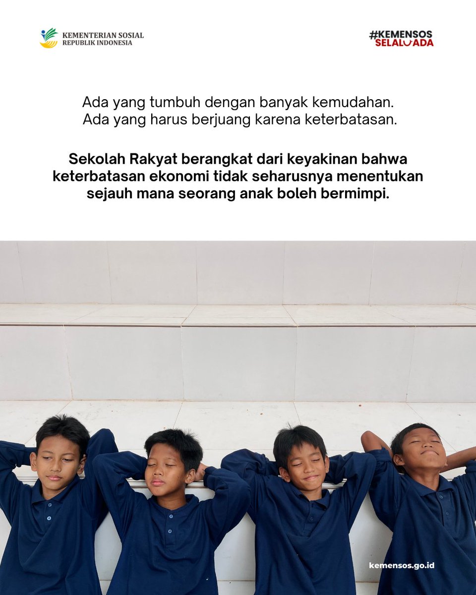 BBPPKS_BJM's tweet photo. Melalui Sekolah Rakyat, anak-anak dari keluarga rentan mendapat ruang untuk mengembangkan potensi, membangun karakter, dan menata masa depan.

#SelaluAdaKabarBaik #KemensosSelaluAda #SekolahRakyat https://t.co/QW6mokeoqk