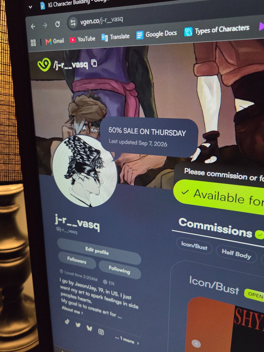 JR__Vasq's tweet photo. VGEN 50% SALE ON SEPTEMBER 10TH EST 

Celebrating my first time on VGen and will have 50% off on everything for only 5 slots of each. Sale only lasts 31 days, until October 10th 👀👀 

#VgenComm #art #commissions #sale #digitalart #artsale�� https://t.co/vCAmOQ4G8h