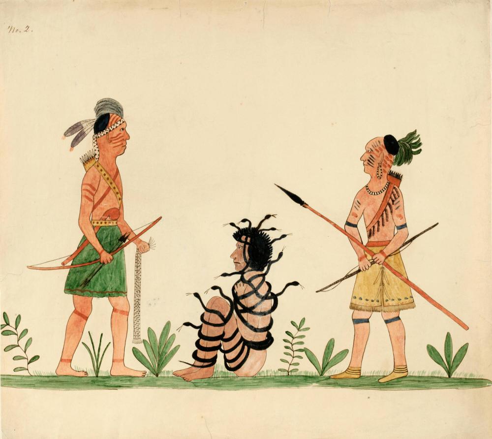 blackflagcrz's tweet photo. 北米森林地帯のタスカローラ族医師・芸術家のデビッド・キューシック(1780?~1840?)
著作『六部族古代史概説』は先住民族の口承伝承を研究し、古代人の住む上界と魑魅魍魎うごめく下界から神話は始まり、善悪二手の精霊や英雄を分かりやすい説明文といい感じのイラストにまとめている https://t.co/uxMAsf3MNU