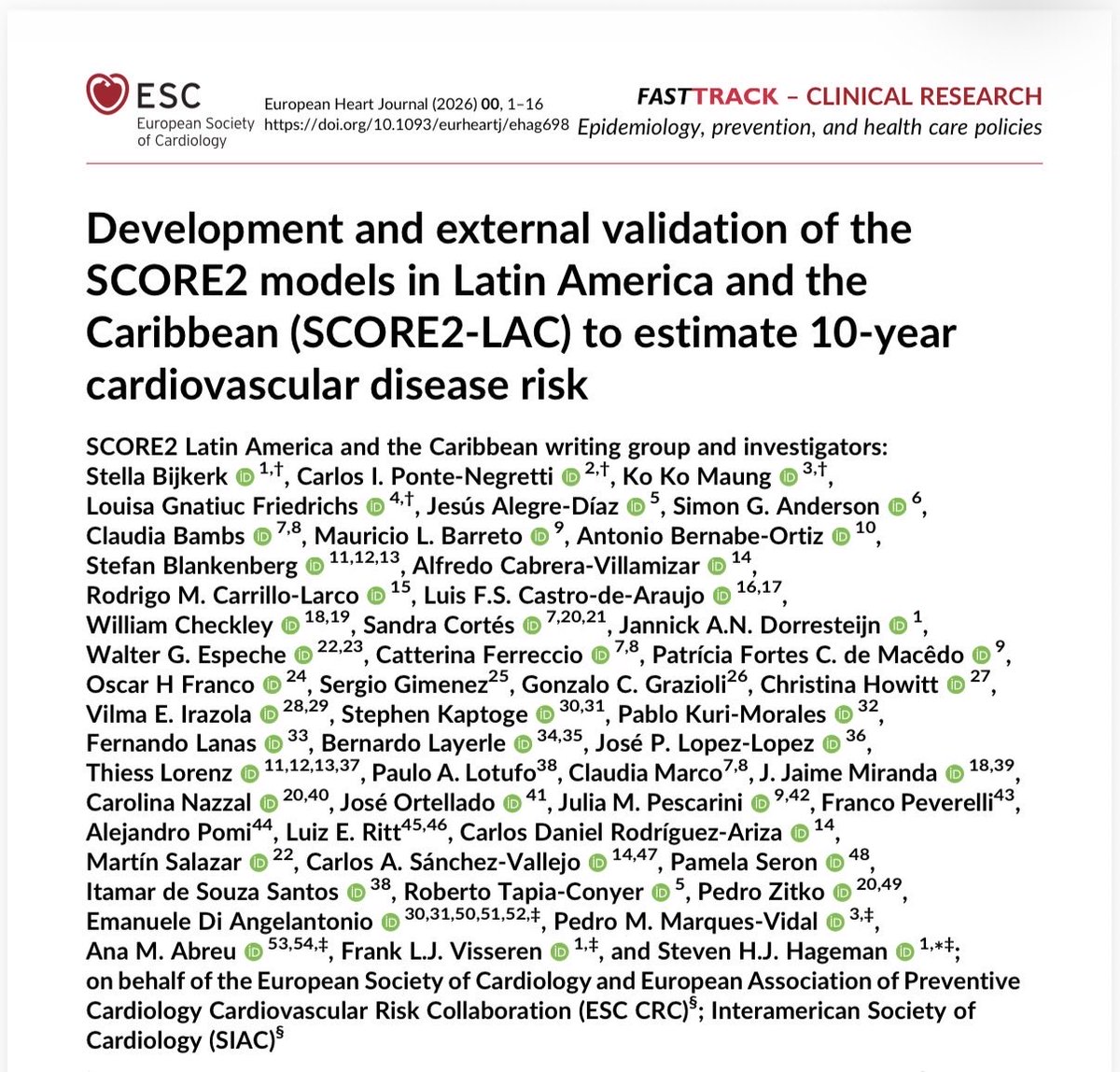 casanchezcardi1's tweet photo. Con orgullo presentamos el SCORE2-LAC, la herramienta más robusta para estimar el riesgo cardiovascular en América Latina y el caribe. 
Calibración:
- >40 millones de individuos
- > 1 millón de eventos
Validación externa:
- > 100.000 pacientes
Debe utilizarse a partir de ahora. https://t.co/rN9NfaVcjy
