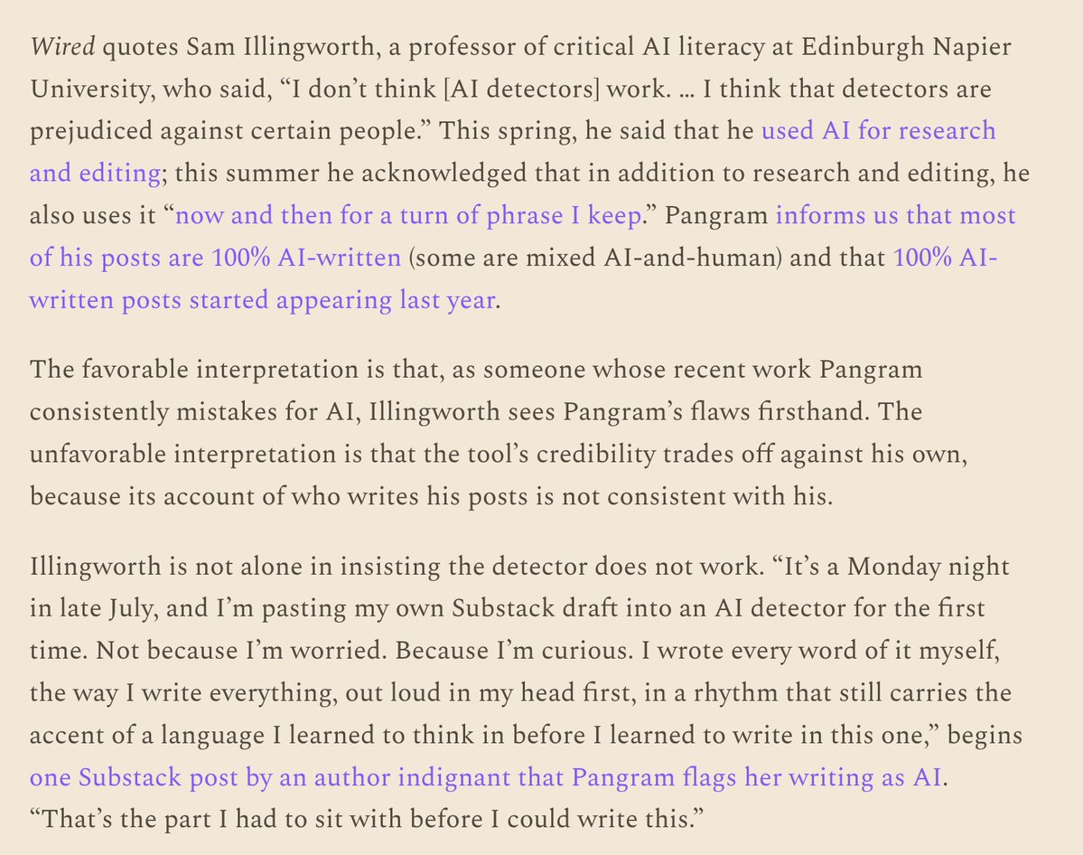 KelseyTuoc's tweet photo. I wrote about the Substackers who hate Pangram. They say their issue with it is that it doesn't work. I think that in some cases the detector is working fine. https://t.co/FRqXi6KFmM