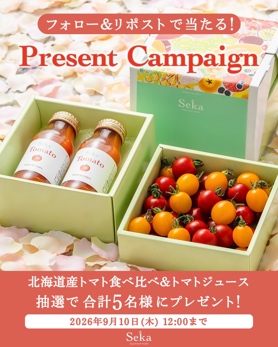 k_funasho's tweet photo. 🍅北海道産の甘いトマト＆ジュースが当たる🍅
＼#プレゼントキャンペーン✨／

フルーツトマト＆ミニトマト食べ比べと、旨みたっぷりのトマトジュースのミニお重セットを、抽選で5名様にプレゼント🎁

【応募方法】
① @k_funashoをフォロー
② この投稿をリポスト
https://t.co/zhDIdDaeDE https://t.co/UtLNU9FIsU