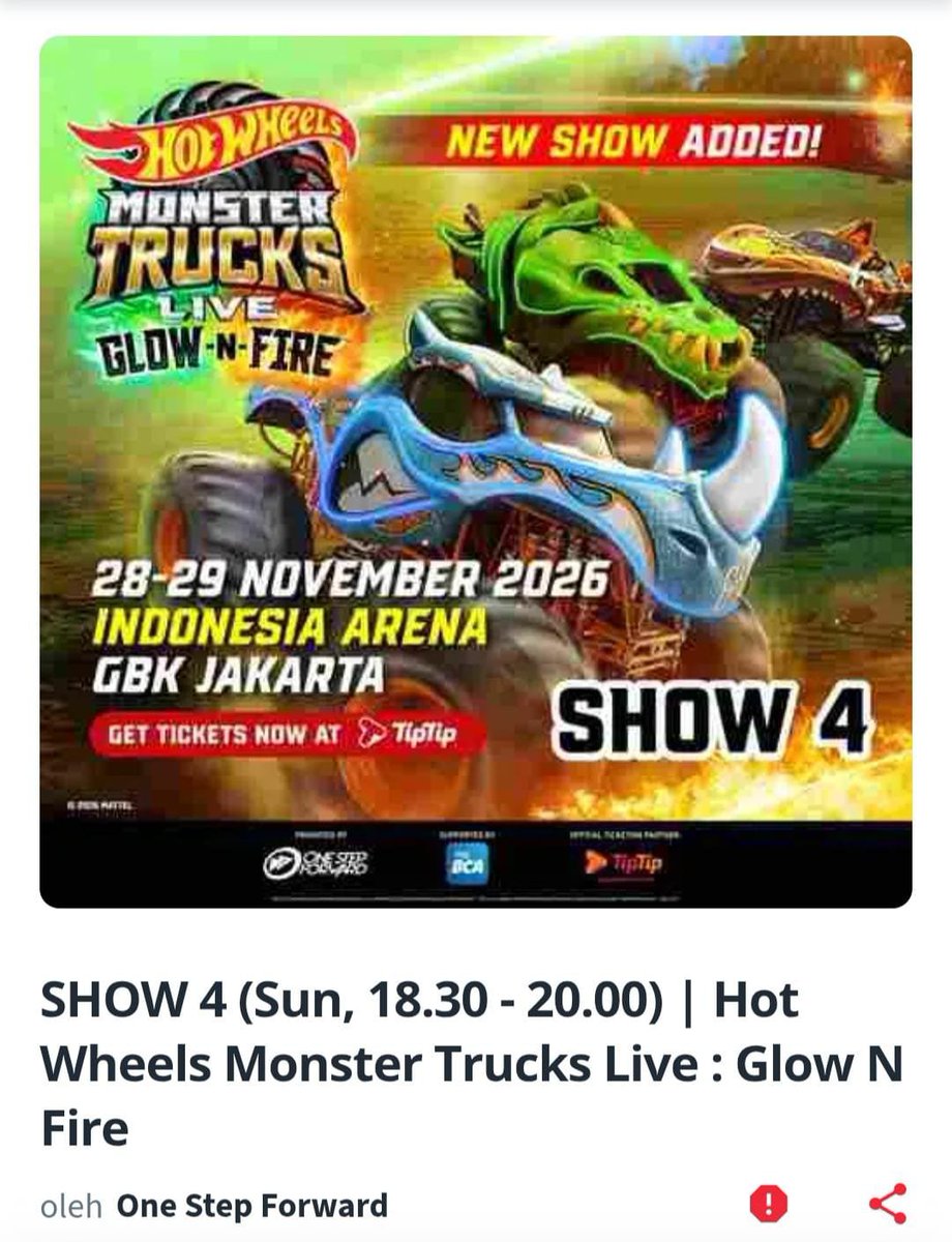 teyaazz's tweet photo. WTS HOT WHEELS MONSTER TRUCKS LIVE: GLOW N FIRE 🔥

Dijual 5 tiket SHOW 4 Hot Wheels Monster Trucks Live: Glow N Fire!
📅 Minggu, 29 November 2026
⏰ 18.30–20.00 WIB
🎟️ Tersedia 5 tiket
💰 Harga: Rp2.000.000/tiket (NEGO)

#zonauang
#wts https://t.co/oRaxJB10mo