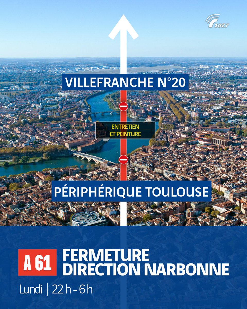 Radio1077's tweet photo. À Toulouse, l'autoroute A61 sera fermée❌, en direction de Narbonne/Montpellier, entre le périphérique et Villefranche-de-Lauragais n°20.

➡️ Prendre RD 813 et RD 622a
🗓️ Lundi 7 septembre
🕗 À partir de 22h et au plus tard jusqu'à 6h
🚧Entretien et peinture https://t.co/aiYAPdQYmi