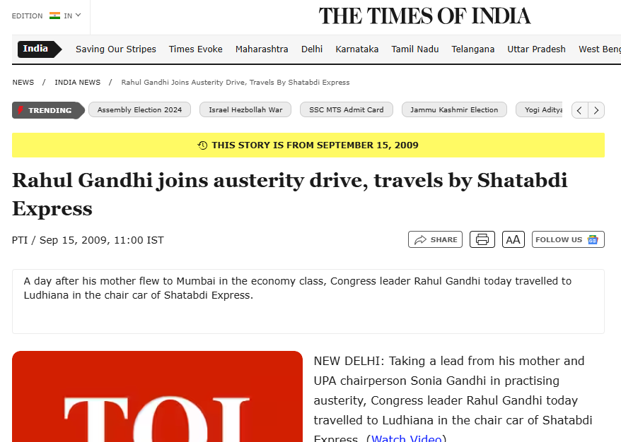 AbhishBanerj's tweet photo. Indian media (2009)

Rahul Gandhi has shown "austerity" by traveling in Shatabdi express!

Media reports that he even drank water from a plastic cup!

Back then, such "reporting" was considered "speaking truth to power"

This is the media that Ravish Kumar misses... https://t.co/L1VUMIUvu3