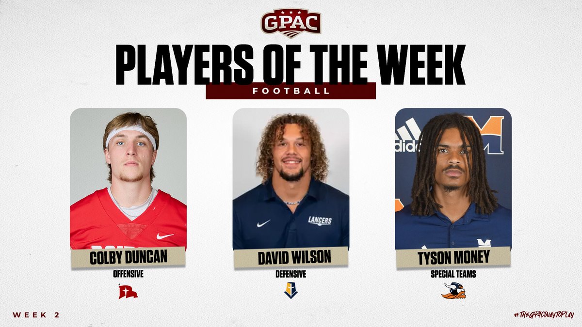GPACSports's tweet photo. FOOTBALL: Week 2 Honors

Offensive - Colby Duncan of @nwcraiders 
Defensive - David Wilson of @MMULancers 
Special Teams - Tyson Money of @Midland_Sports 

Complete Release:
https://t.co/bznApMxs9L https://t.co/YzUrxsqXQa