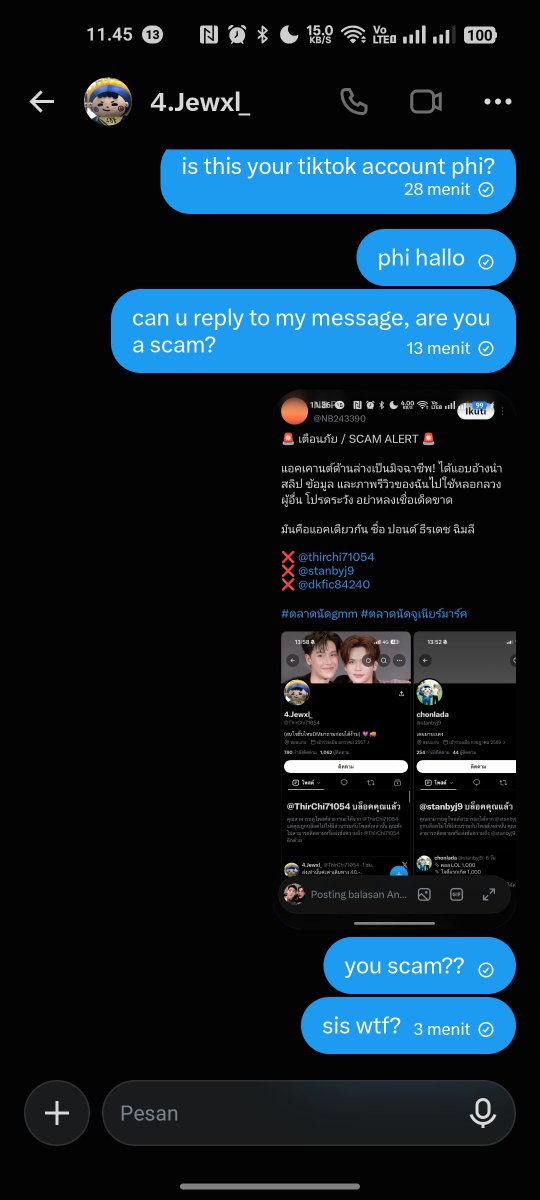 ariesnbloom's tweet photo. SCAM ALERT!!! 
I was scammed by a Jummo doll and Permpoon V1 for around 2,150 baht, he took photos on other people's tiktok. I am in Indonesia and don't know where to report it, please help me to get my money back
his account @ThirChi71054
please help ke
#ตลาดนัดGMMTV https://t.co/SUX23l7Kof