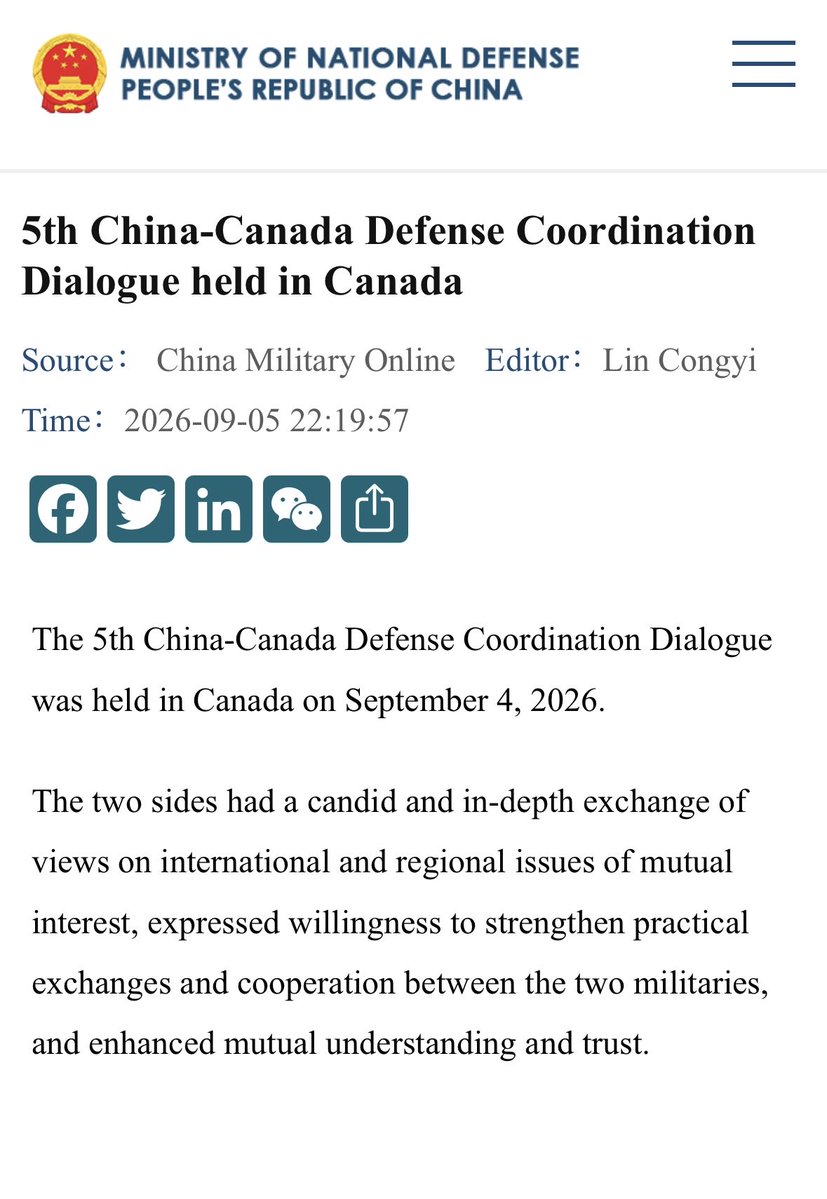 ryangerritsen's tweet photo. China and Canada just met on September 4th to discuss cooperation between their two militaries.
Our Government issued no public statement confirming the meeting. Reports from sources such as Lianhe Zaobao and others explicitly state that Carney’s Government did not announce it, and no confirmation appears on official Canadian government sites. The only coverage of the event is because of the Chinese announcement of it. 

There’s a problem when they need to keep this information from the public.