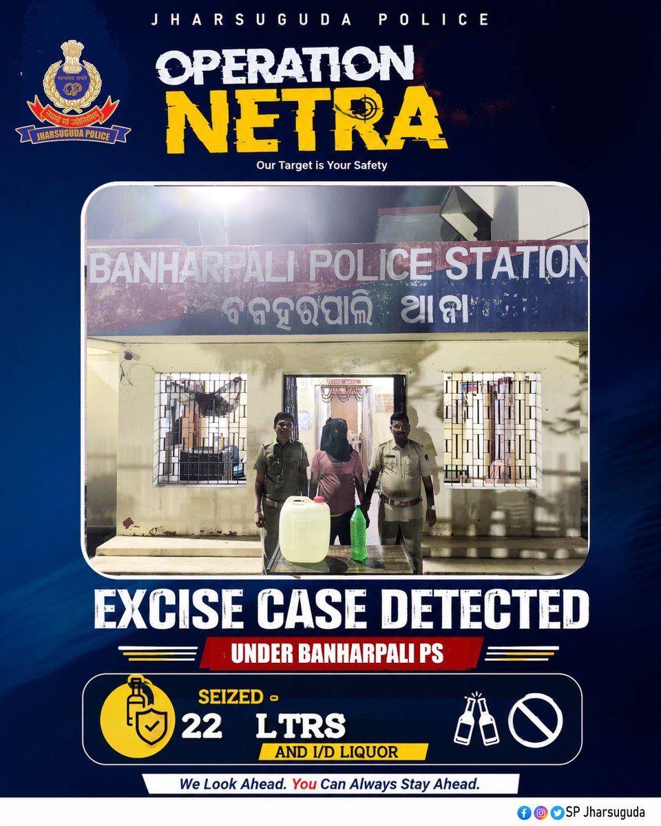 SPJharsuguda's tweet photo. 🚨 #OperationNetra | Excise Enforcement
As part of #OperationNetra, Banharpali Police conducted a raid and detected one Excise case.
🔹 22 litres of Illicit Distilled (I/D) Liquor seized
🔹 Seized from the possession of the accused person
🔹 1 Excise case detected
👮 Banharpali PS
Jharsuguda Police
#JharsugudaPolice #OperationNetra #ExciseEnforcement #IllegalLiquor #CrimePrevention