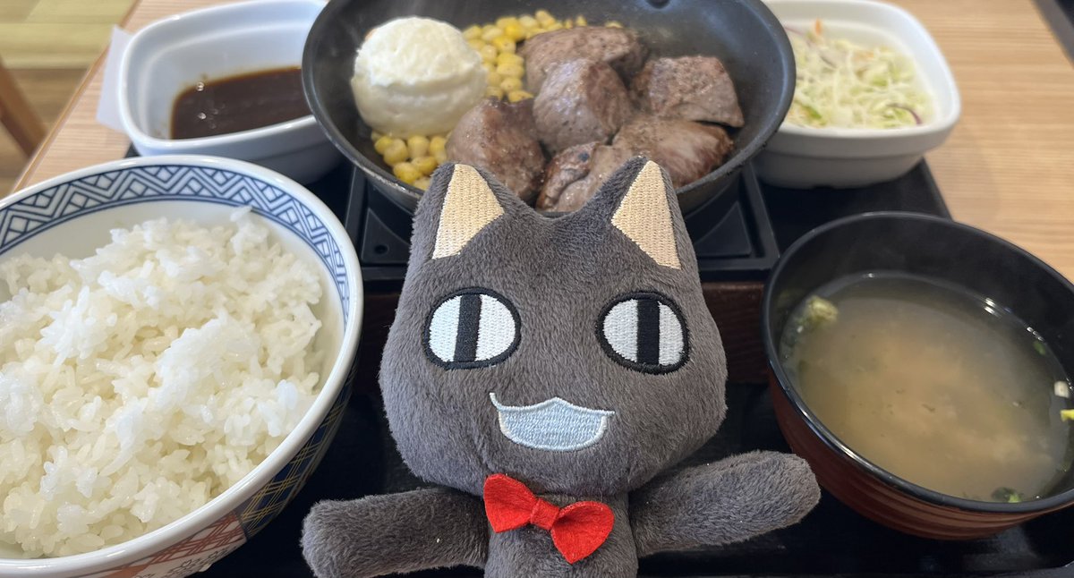 pinkyayalin's tweet photo. 一日遅れのクロの日お祝いで吉野家のステーキ定食🍖
クロが嬉しそうで何より。
今までで一番お肉大きかった気がする。 https://t.co/gBFSrqPeuu