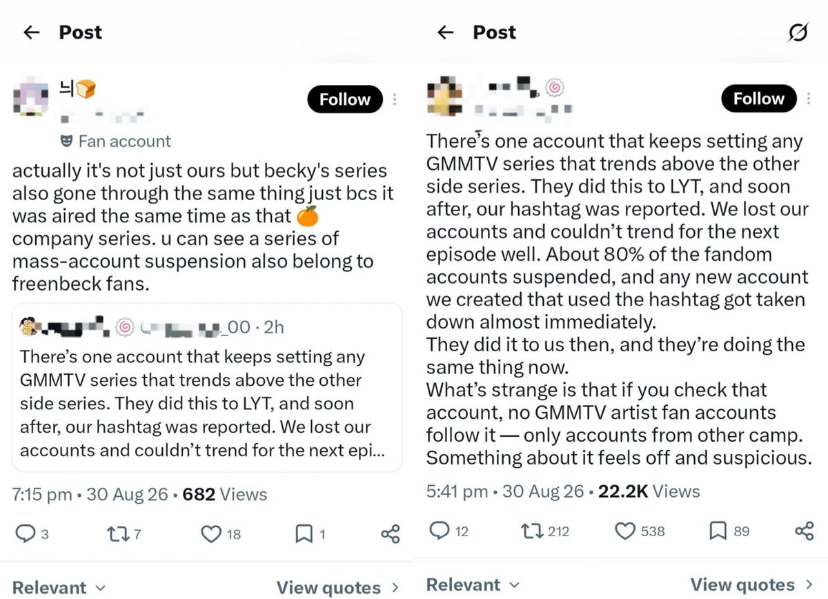 loving_fictions's tweet photo. A whole thread to save this situation cuz people lack critical thinking why our fandom doesn't want to be involved and mad at being involved in the troll situation🧵 :

This account since 2022 has been invoved in sending hate to artists. Their whole purpose on this app is trolling. They have changed several names in the past years according to the fans of artist themselves :

@ dareme55555
@ protectmybabyy
@ doksomsrigold
@ nononopidber
@ hahahaholdme
@ fakekoo5556
@ zotuslovepstppw
@ zimbakway 

Are all the usernames the account and them engaging in trolling and hate. For example during another gmmtv series airs, it always compares it with dmd series airs and used it as a means to hate (adding screenshots from other fandom to show that they too faced the same issues it when their series was airing and somehow the gmm and opposing fandoms who always engaged with the troll got suspended instead of the troll account for somereason). Its been persistently going on for years now especially in this past year. What is more fascinating is that the account was said to be sued by dmd yet somehow they are still here and still very active and very much actively trolling every single week. 

Curiously though the followers of the account are all supposedly not from the artist the account claims to be a following instead of the fandoms that is the account sending hate to ¿¿¿  and every single time the followers of accounts shoot shootup after the artist engage, and instead of blocking and reporting the account, the fans end up engaging with it as well. Their followers last week was 500 and now shot up to 700 in one week mind you.

Why is our fandom asking the artist and their fandom to not respond to that one specific account ?? Because everytime that account either quotes our fanbase tweets or directly mentions our series to send hate to the other artist and we all know they have used other artist in the past to do the same. So everytime someone engages with that account instead of assuming it as a troll account and they go and assume it as a fan account of a specific artist and thats our only problem. This leads to our series and artist getting hate (which i will share in the upcoming tweets),

One thing we can establish from this is every single stan who stans any artist from that company knows this account is actually a troll and not a fan and have asked it to their artist to block and report that account and still somehow ended up getting branded as a fan of our artist by both the artist and fanbase leading to whole situation. 

(+🧵)