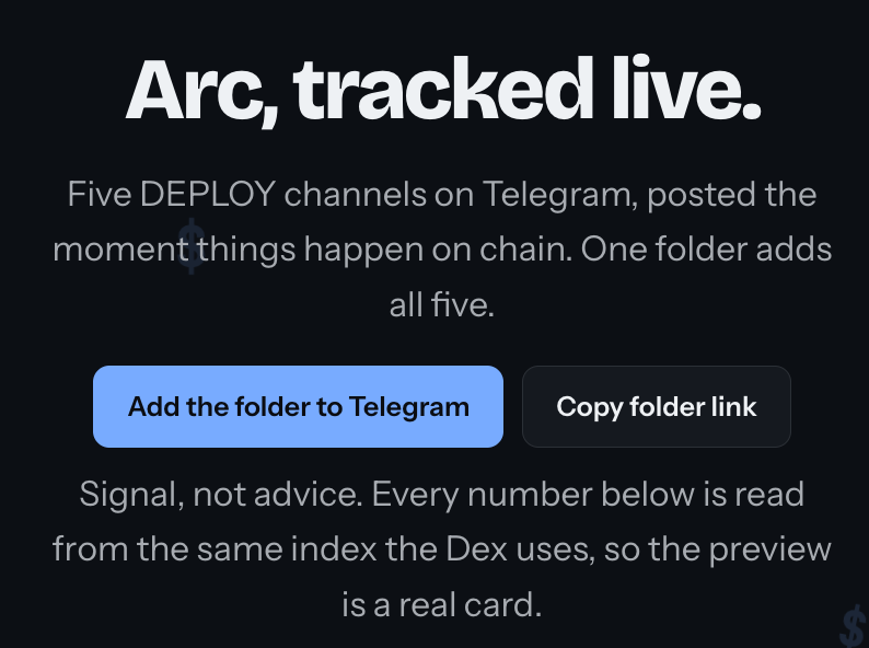 DeployDollars's tweet photo. T-minus 10 days to @arc mainnet.

Shipped today: five DEPLOY tracker channels for Arc in one Telegram folder (launches, big buys, live board, pad, status)

https://t.co/4tMPXXP7wr

https://t.co/SdLSTVFtky

Back to building... https://t.co/VWuOTcvVAk