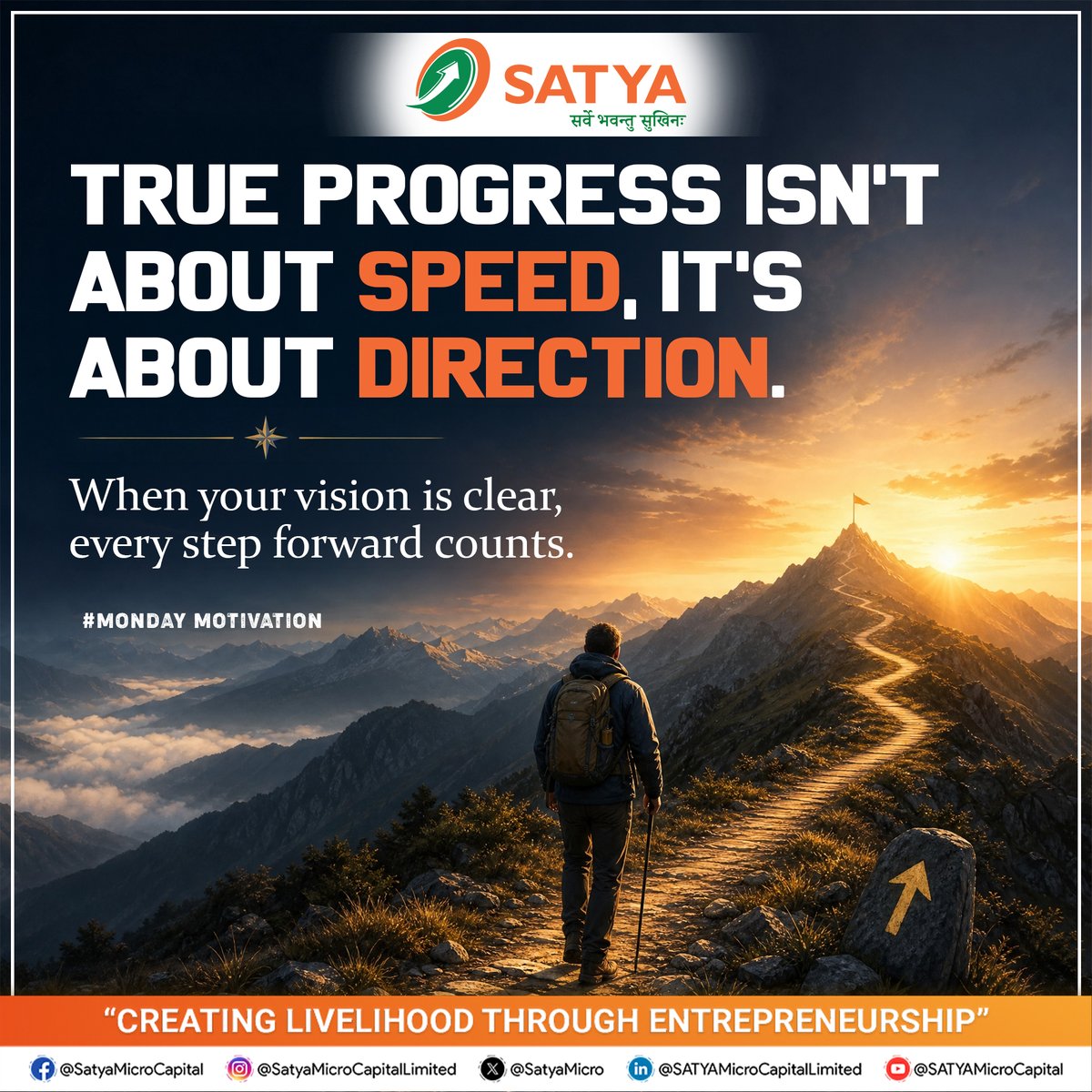 SatyaMicro's tweet photo. #MondayMotivation

Progress is measured by purpose, not by how fast you move.

When every step is aligned with direction, true growth and success naturally follow.

#TrueProgress #PurposeDriven #DirectionMatters #MFI #SATYAMicroCapitalLtd https://t.co/Kky9qijVek