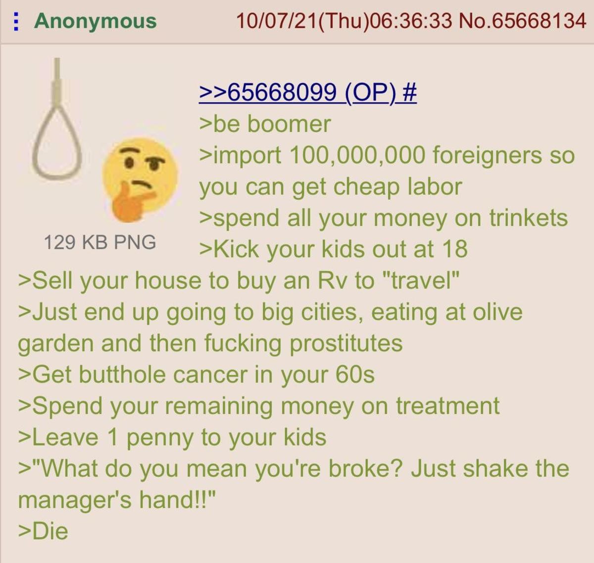 ObviousRises's tweet photo. Boomers made their fortunes selling out the country at the expense of future generations and don't comprehend why "the lazy young people" can't simply "make it like them" (there is nothing left to sell) its an utterly lack of self-awareness that goes beyond lead poisoning. https://t.co/I5WtGAQgxC
