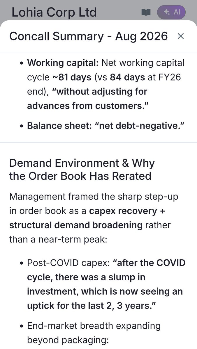 rudravakil01's tweet photo. Lohia Corp
#LCL
#LohiaCorp
Listed 3 weeks back
Had a solid Q1FY27 with big margin expansion YoY
Increasing orderbook QoQ
Rising applications
High return ratios
Debt free
30-35% growth guidance for FY27 vs FY26
#Q1FY27 Concall pointers: https://t.co/KyfXHRpwwz