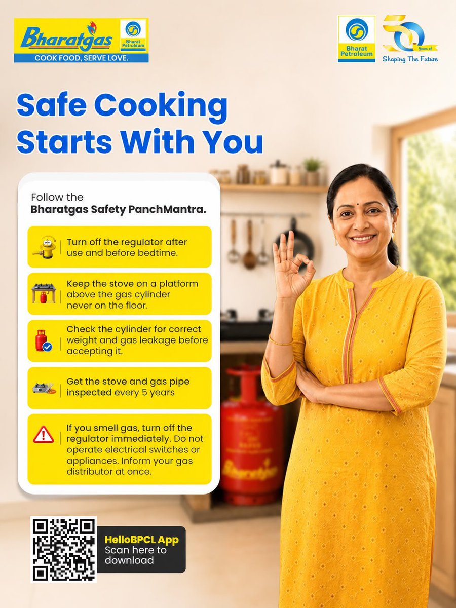 BPCLLPGLAL48465's tweet photo. For a safe kitchen, follow the Safety PanchMantra: turn off the regulator, keep the stove above the cylinder, check weight &amp; leakage, and inspect the stove, replace pipe every 5 years. Stay safe!

@BPCLimited @BPCLLPG @PetroleumMin @HardeepSPuri @Secretary_MoPNG #Bharatgas https://t.co/5TW94V6u3a