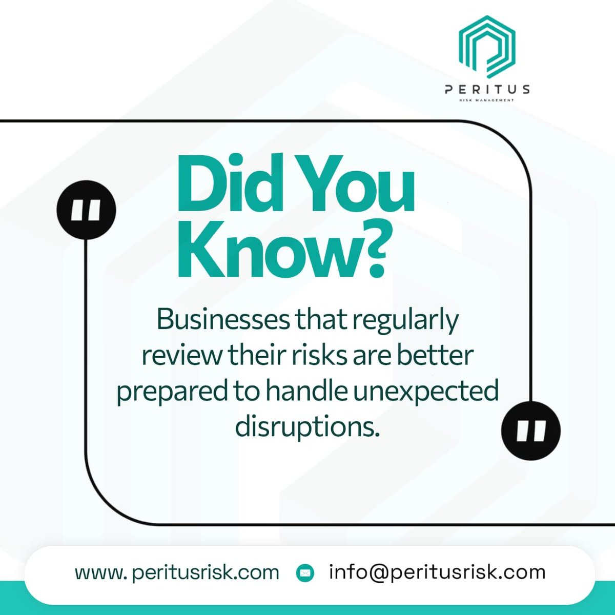 PeritusRisk's tweet photo. 💡 Did You Know?
Businesses that regularly review their risks are far better equipped to navigate unexpected disruptions.
Proactive risk assessment isn't just protection it’s your strategic edge. 🛡️
Reach out to protect your operations:
🌐 https://t.co/xa1QhS8UQr https://t.co/LRLYz2LM9C