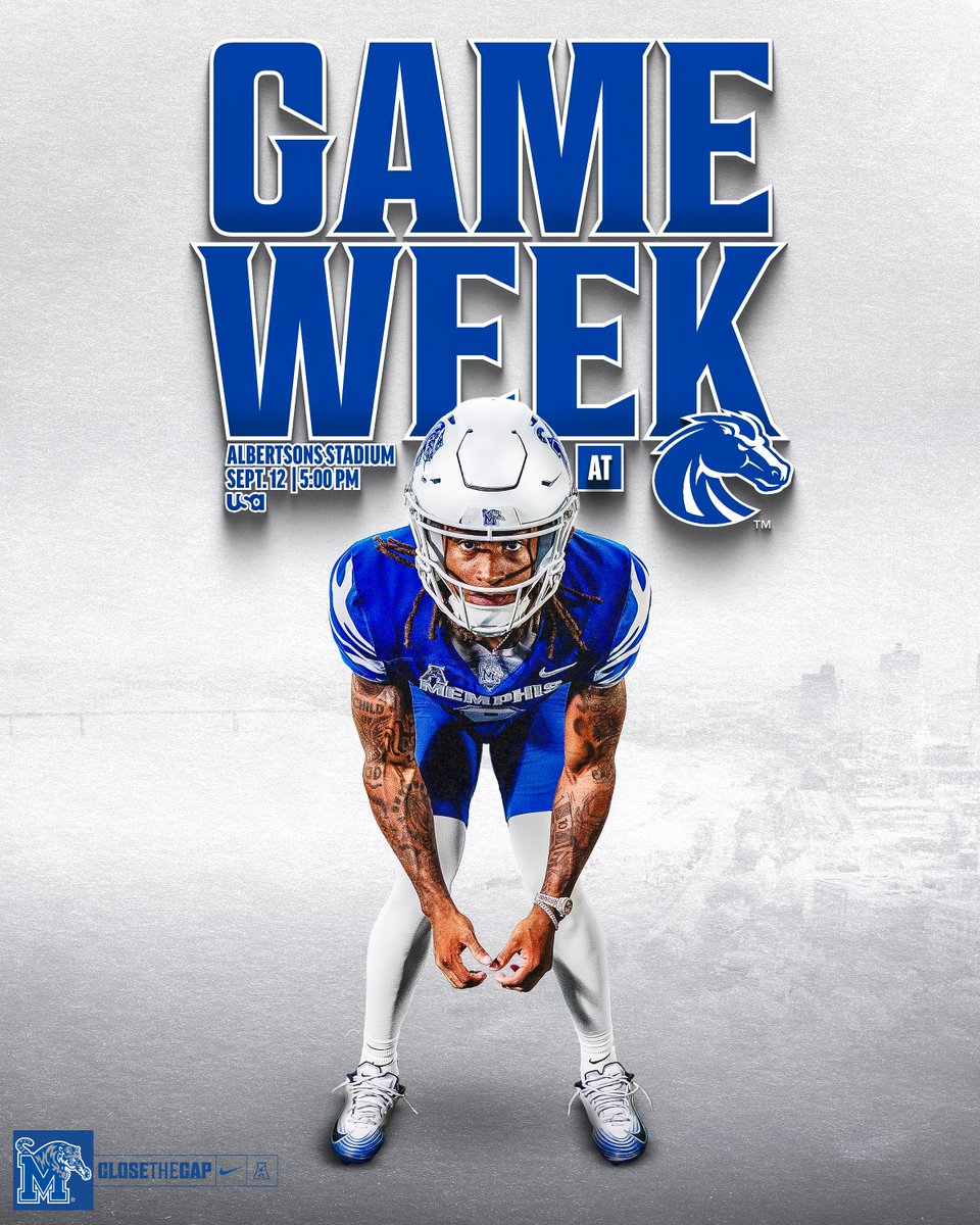 MemphisFB's tweet photo. It’s Game Week

🆚| at Boise State
🗓️| Saturday, Sept. 12
⏰| 5:00 PM
📍| Albertsons Stadium
📺| @USANetwork 

#GoTigersGo | #CloseTheGap https://t.co/Vz1tAq8TFB