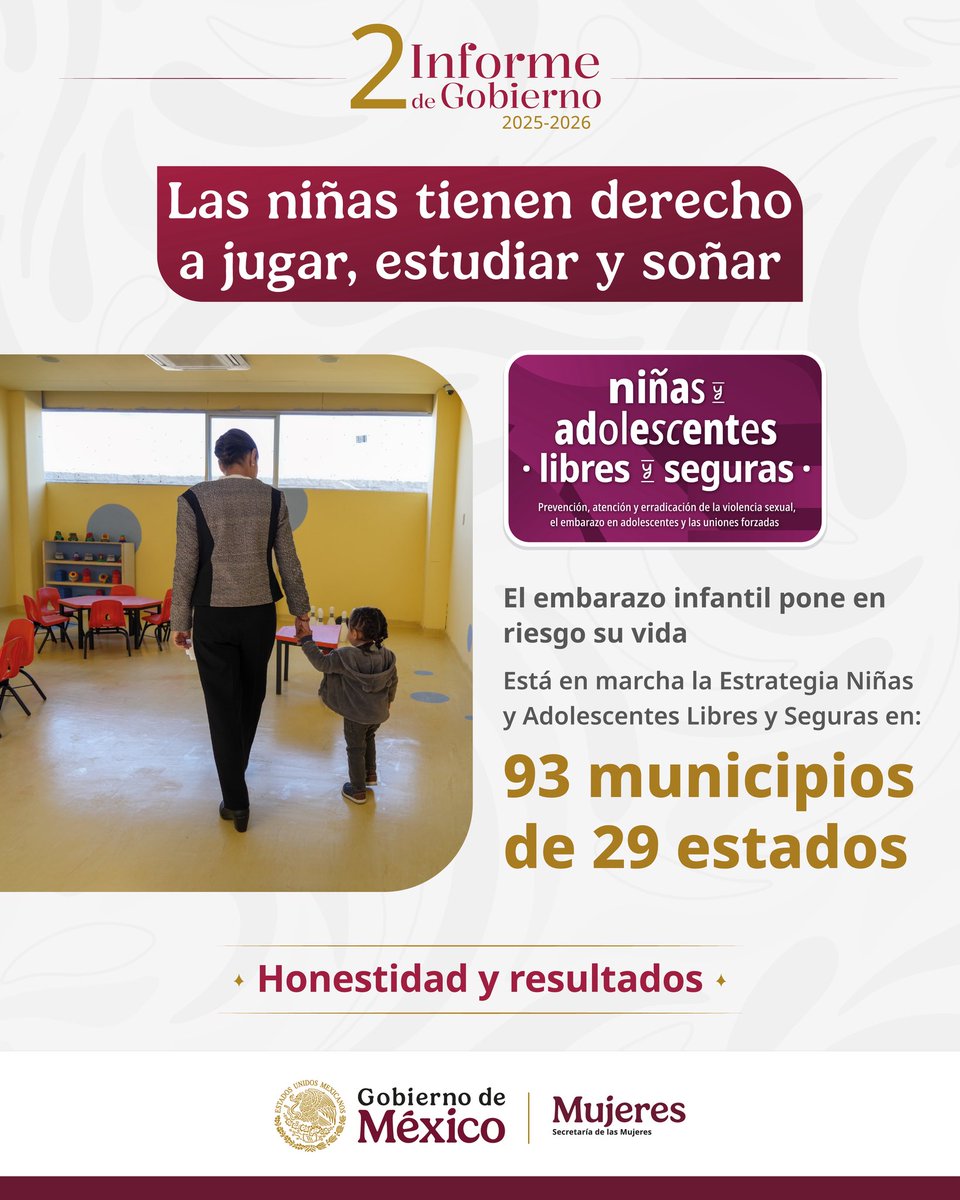 mujeresgobmx's tweet photo. La Estrategia Niñas y Adolescentes Libres y Seguras ya está en marcha en 93 municipios de 29 estados para proteger sus derechos y construir un futuro libre de violencias.

#HonestidadYResultados https://t.co/VbUIb2q2uE