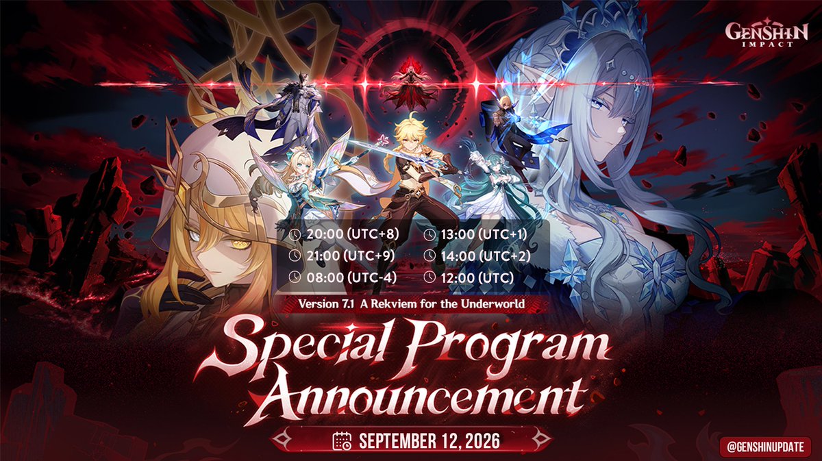 Genshin__Update's tweet photo. Version 7.1 Special Program "A Rekviem foir the Underworld"  Announcement 
▶️EN ver: https://t.co/HP4G24R5VP
▶️CN ver: https://t.co/6thTLZNlpg
▶️JP ver: https://t.co/QKu46uhTjx
▶️KR ver: https://t.co/FTXZa7rOPq
#GenshinImpact #原神 #원신 https://t.co/nnNffYMYf7