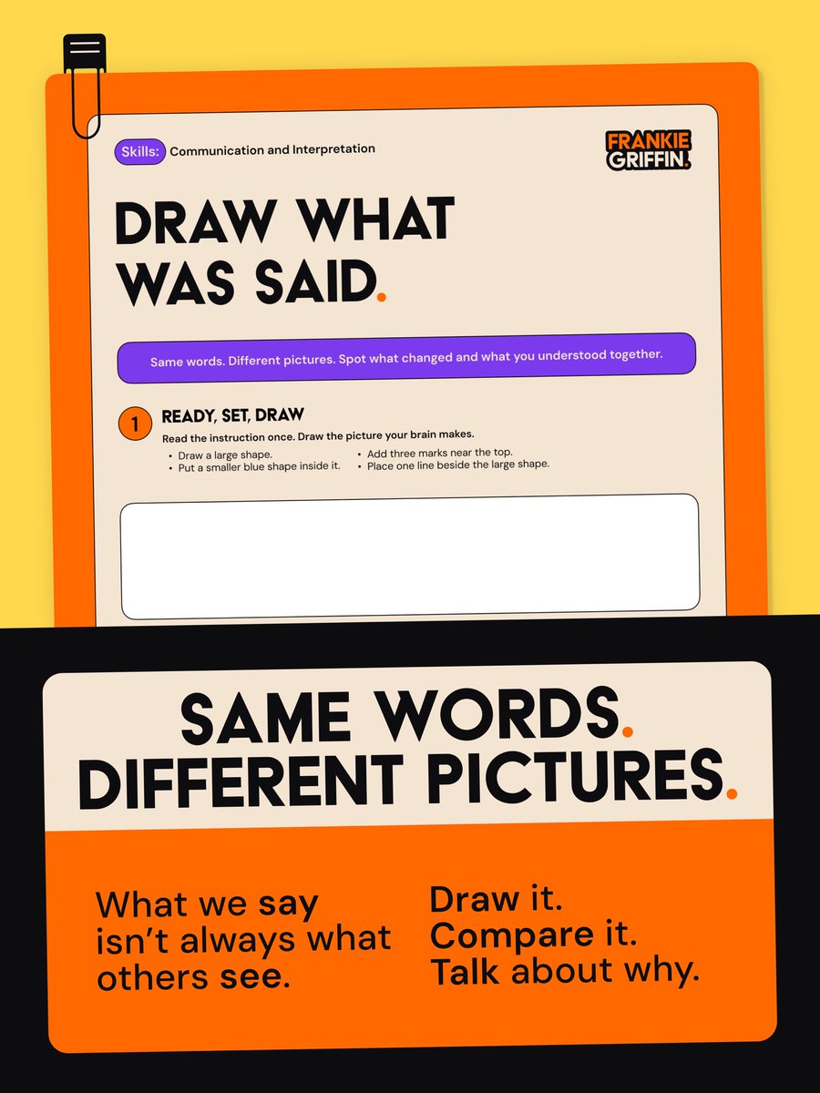 FrankieGStudio's tweet photo. “Wait… that’s not what I pictured.”
And that moment of surprise is exactly where Draw What Was Said gets interesting.

Every student receives the same instruction and draws what they understood. Then they compare the differences, notice what stayed the same, and talk about how meaning can shift between people.

A simple activity that opens up a much bigger conversation about communication, interpretation, and perspective.

✅ Download it here https://t.co/pdqBzGBxtQ

#LearningDesign #EducationDesign #StudentActivities