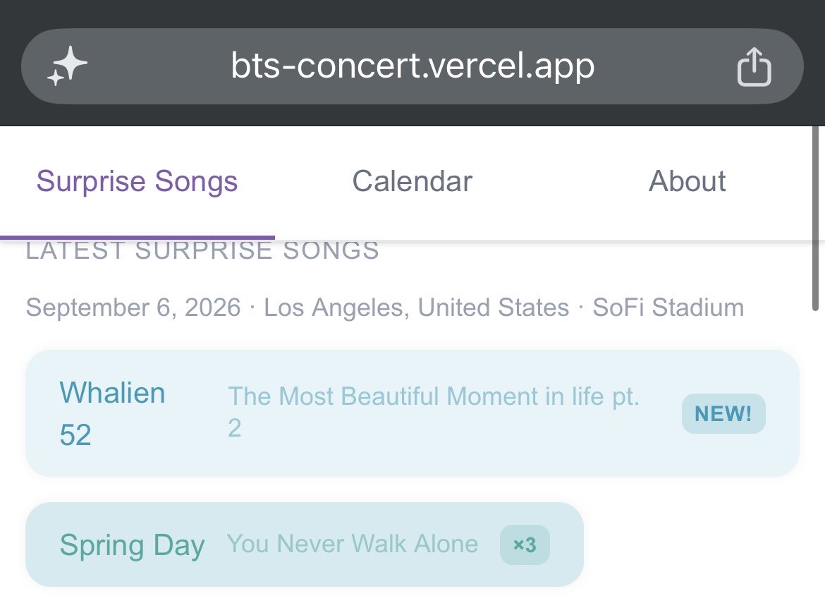 loretogt's tweet photo. #BTS_WORLDTOUR_ARIRANG #BTS_WORLDTOUR_ARIRANG_LA 💜

Updated the website with the surprise songs from Los Angeles 🇺🇸✨

🎤 Night 4:
• Whalien 52
• Spring Day

Check the full surprise song tracker here 👇💜

https://t.co/vfkfnAFKeN https://t.co/Q1ZVkEIVen